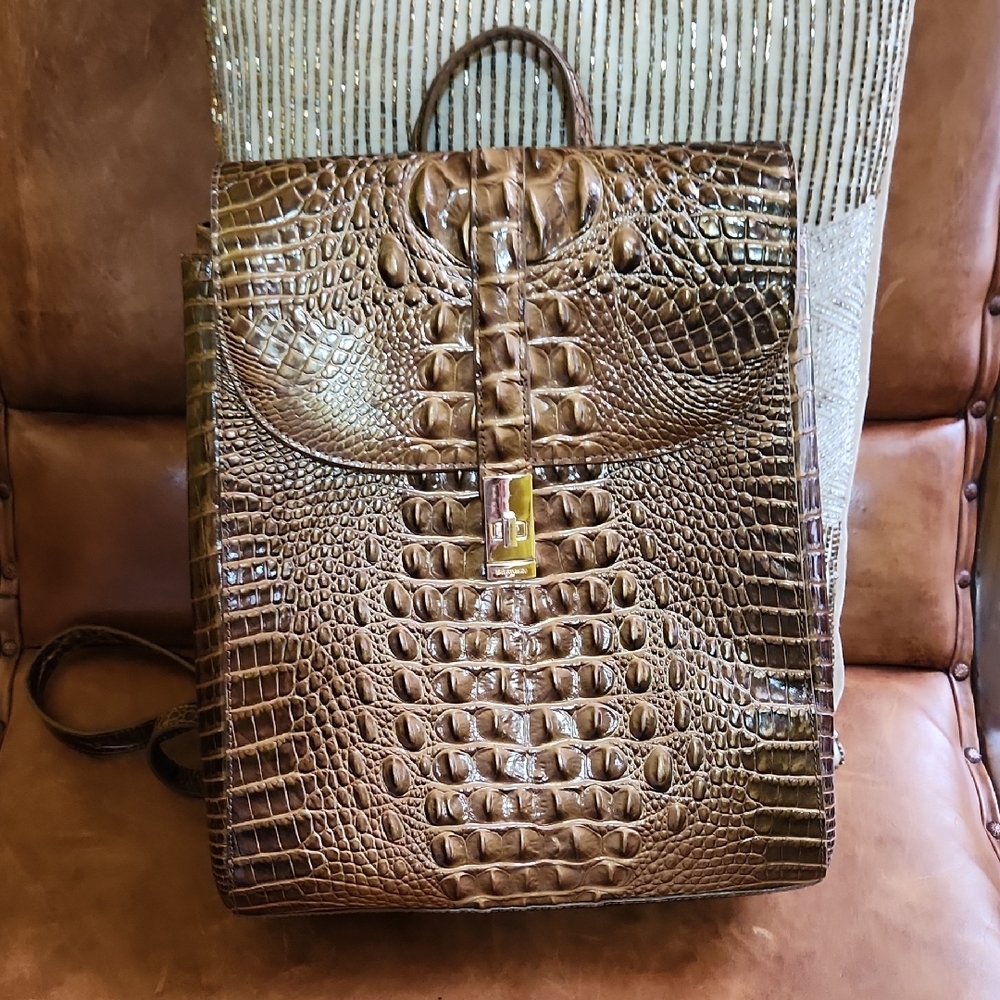 Brahmin Brown Crocodile-Embossed Leather Backpack